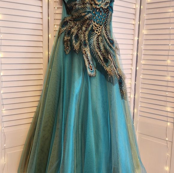 Dresses & Skirts - Elegant Teal Gown with Peacock Embellishments